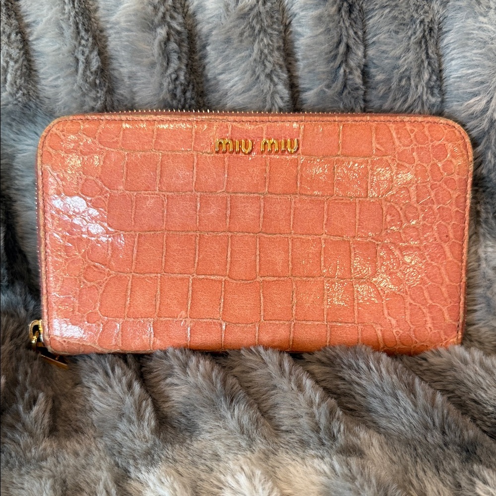 Miu Miu Coral Croc-Embossed zip around Wallet